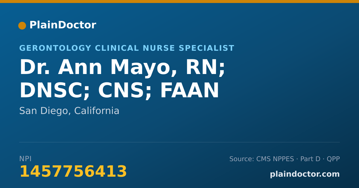 Shareable card for Ann Mayo, RN; DNSC; CNS; FAAN - Gerontology Clinical Nurse Specialist, San Diego, CA