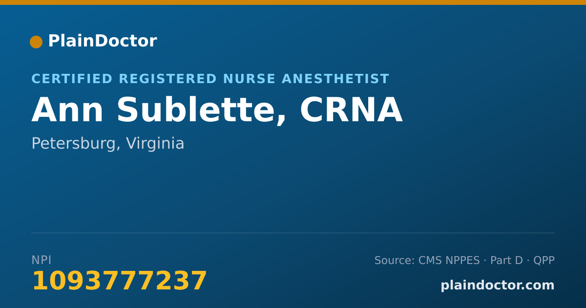 Shareable card for Ann Sublette, CRNA - Certified Registered Nurse Anesthetist, Petersburg, VA