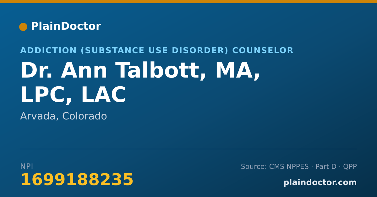 Shareable card for Ann Talbott, MA, LPC, LAC - Addiction (Substance Use Disorder) Counselor, Arvada, CO