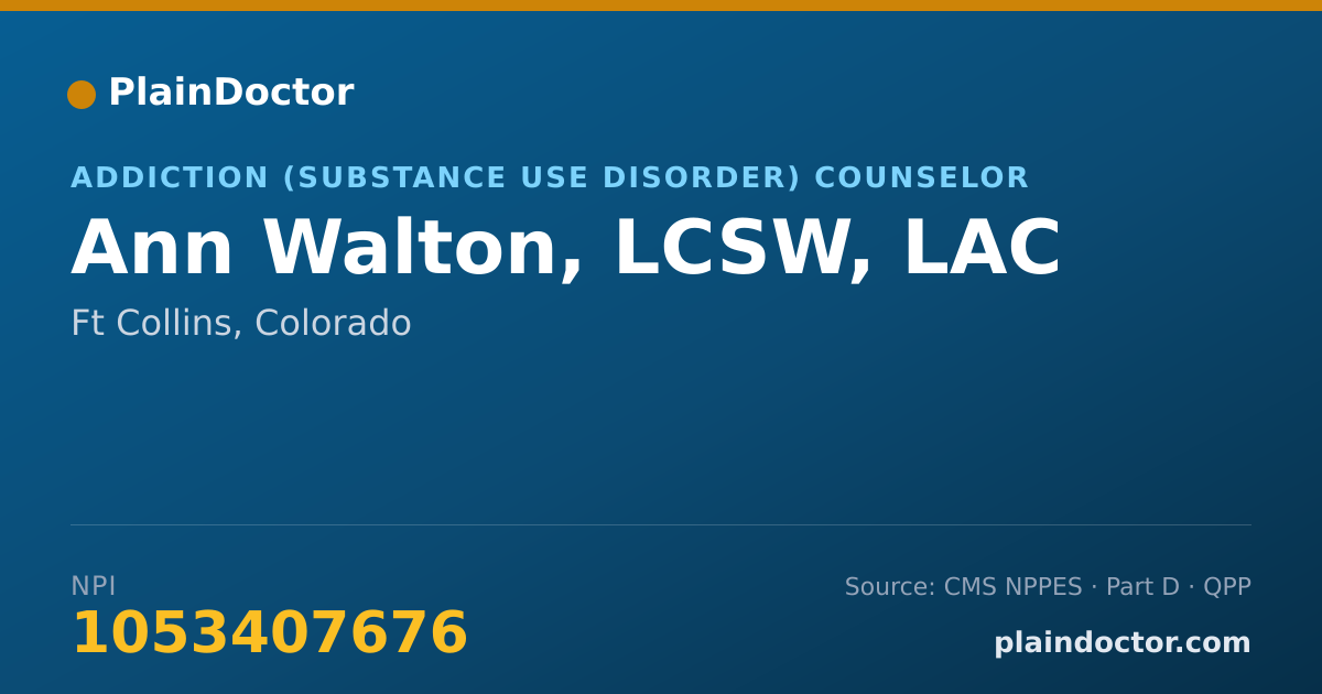Shareable card for Ann Walton, LCSW, LAC - Addiction (Substance Use Disorder) Counselor, Ft Collins, CO
