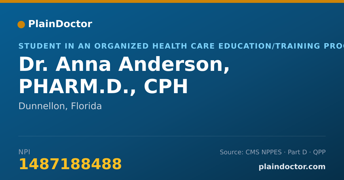 Shareable card for Anna Anderson, PHARM.D., CPH - Student in an Organized Health Care Education/Training Program, Dunnellon, FL