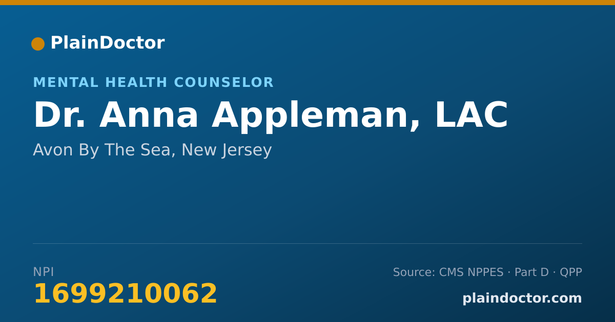 Shareable card for Anna Appleman, LAC - Mental Health Counselor, Avon By The Sea, NJ