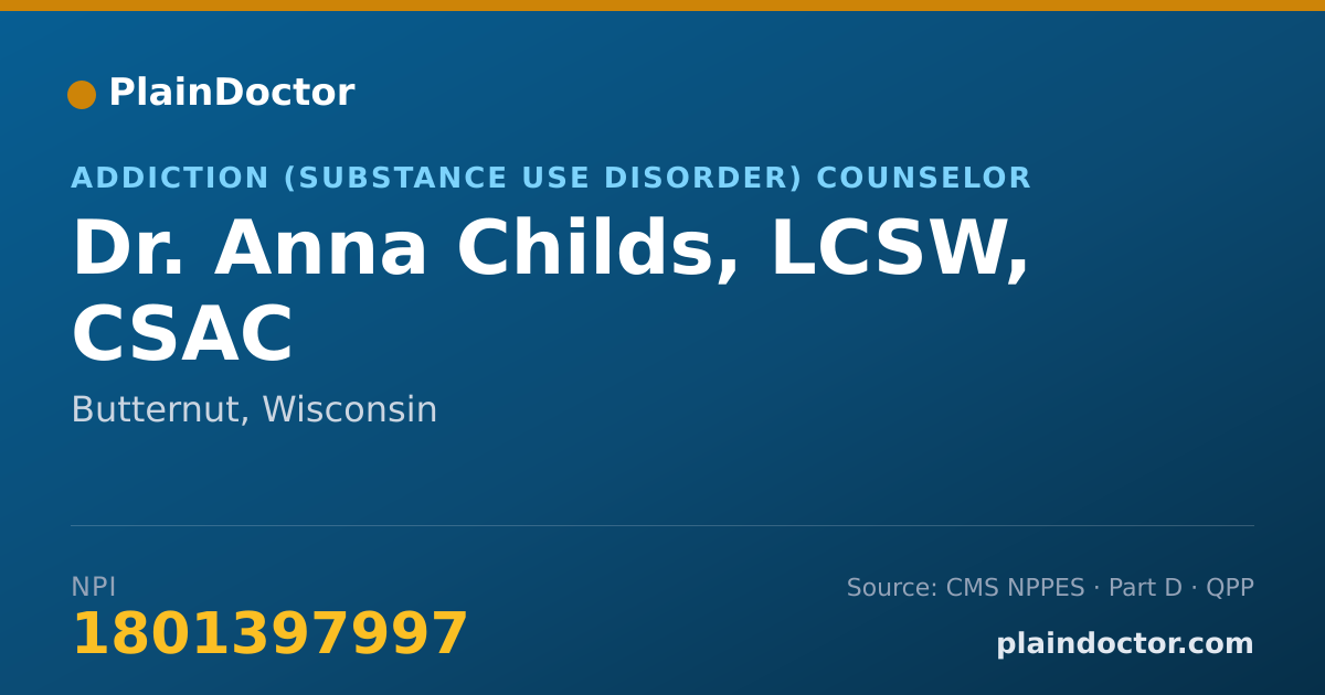 Shareable card for Anna Childs, LCSW, CSAC - Addiction (Substance Use Disorder) Counselor, Butternut, WI