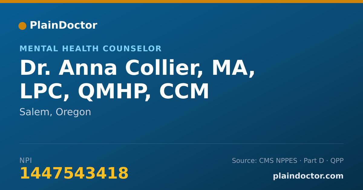 Shareable card for Anna Collier, MA, LPC, QMHP, CCM - Mental Health Counselor, Salem, OR