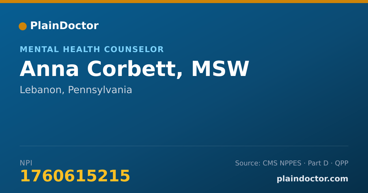 Shareable card for Anna Corbett, MSW - Mental Health Counselor, Lebanon, PA