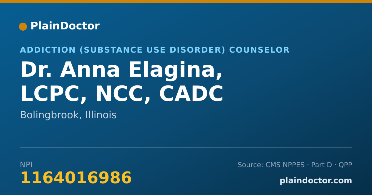 Shareable card for Anna Elagina, LCPC, NCC, CADC - Addiction (Substance Use Disorder) Counselor, Bolingbrook, IL