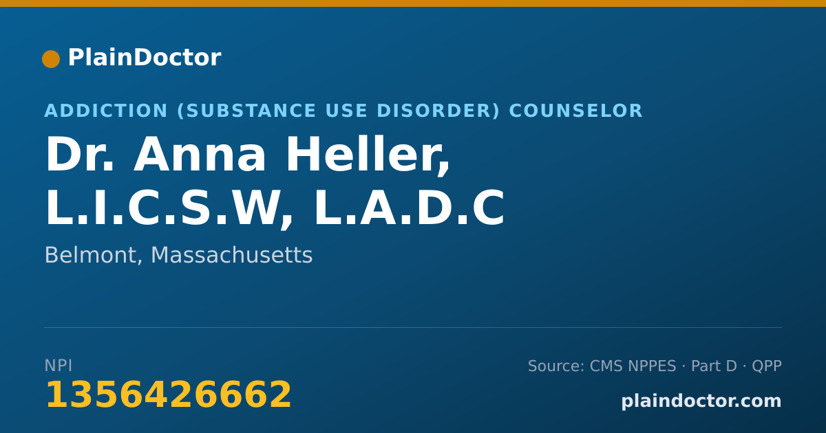 Shareable card for Anna Heller, L.I.C.S.W, L.A.D.C - Addiction (Substance Use Disorder) Counselor, Belmont, MA