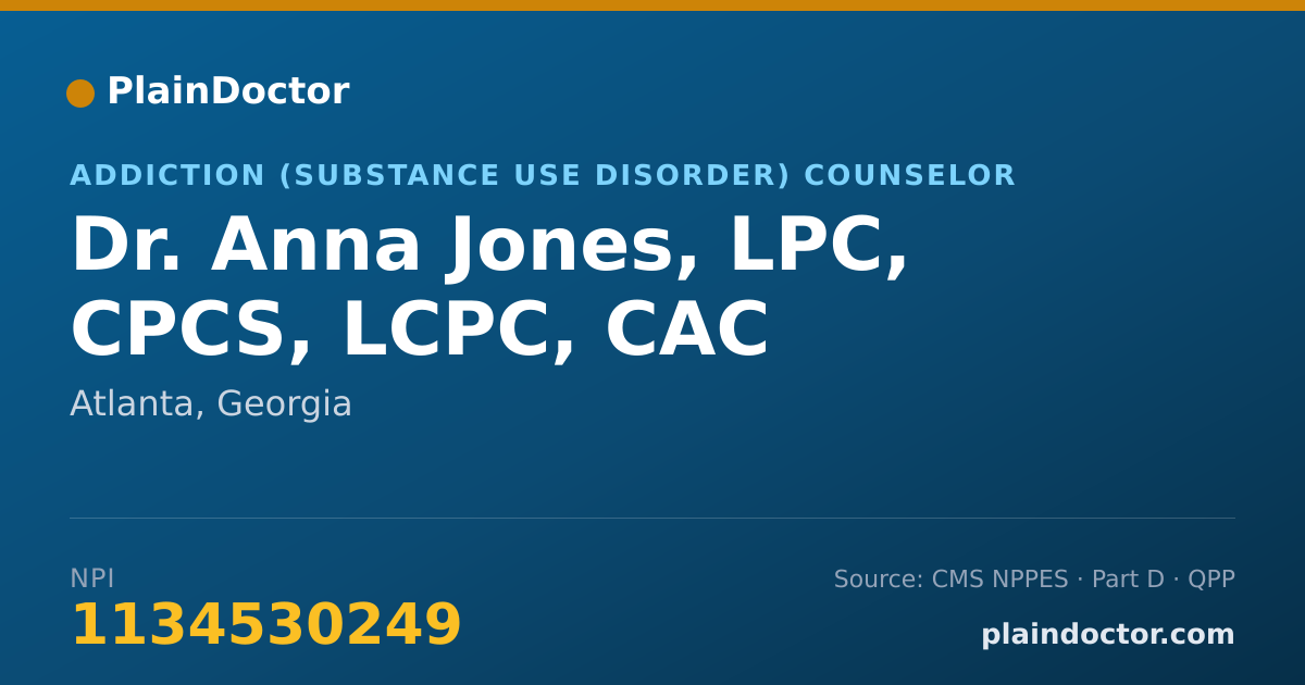 Shareable card for Anna Jones, LPC, CPCS, LCPC, CAC - Addiction (Substance Use Disorder) Counselor, Atlanta, GA