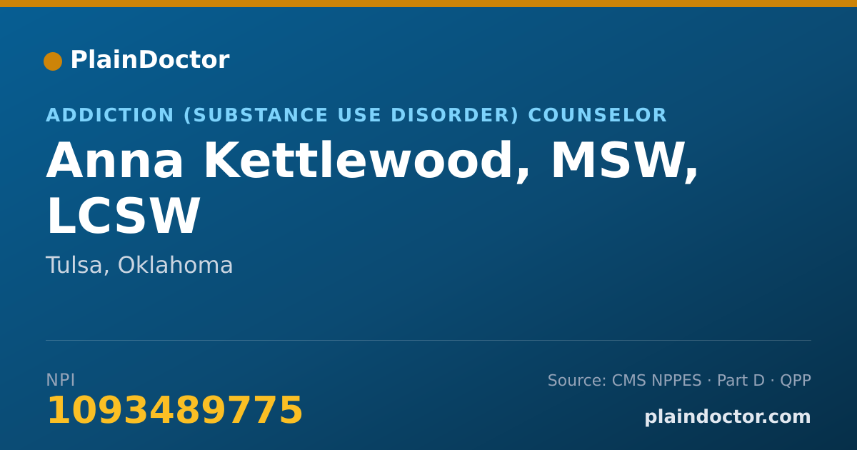 Shareable card for Anna Kettlewood, MSW, LCSW - Addiction (Substance Use Disorder) Counselor, Tulsa, OK