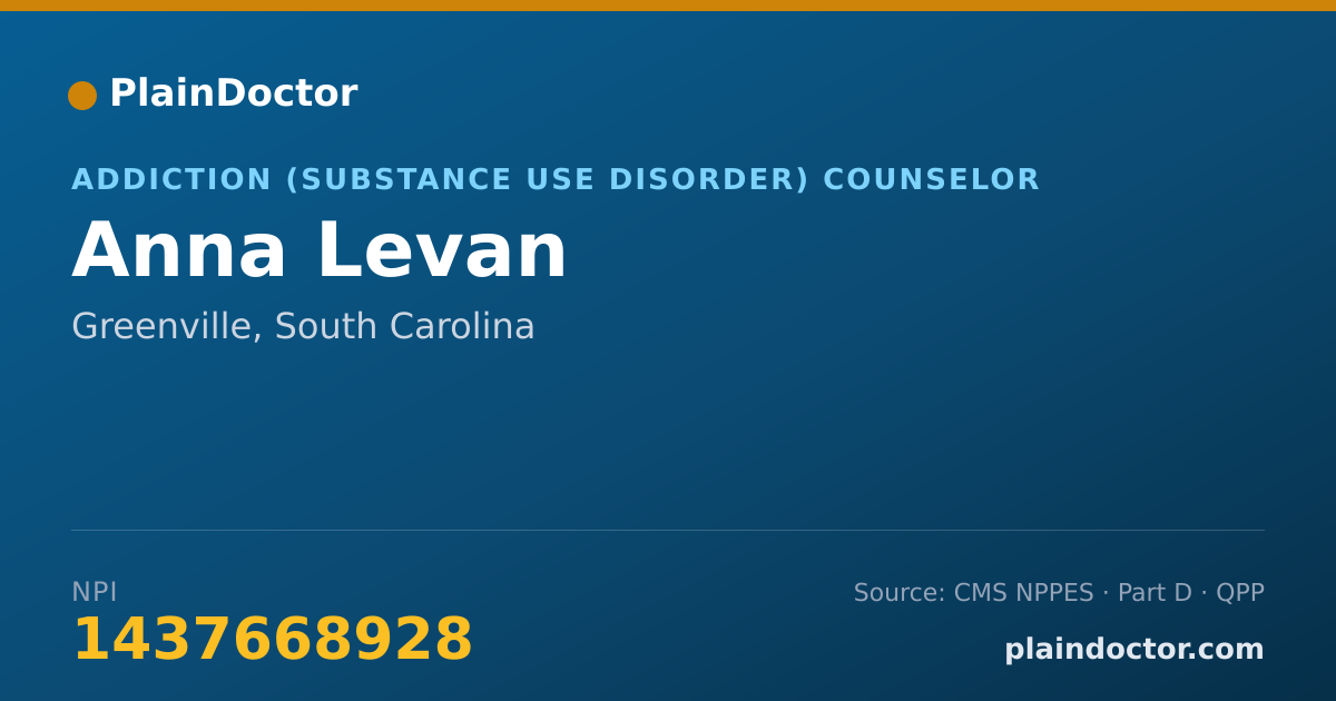 Shareable card for Anna Levan - Addiction (Substance Use Disorder) Counselor, Greenville, SC