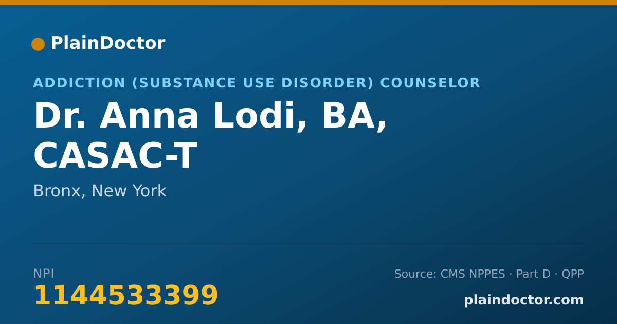 Shareable card for Anna Lodi, BA, CASAC-T - Addiction (Substance Use Disorder) Counselor, Bronx, NY