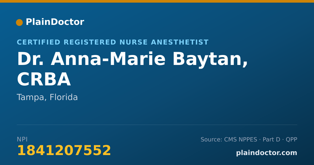 Shareable card for Anna-Marie Baytan, CRBA - Certified Registered Nurse Anesthetist, Tampa, FL