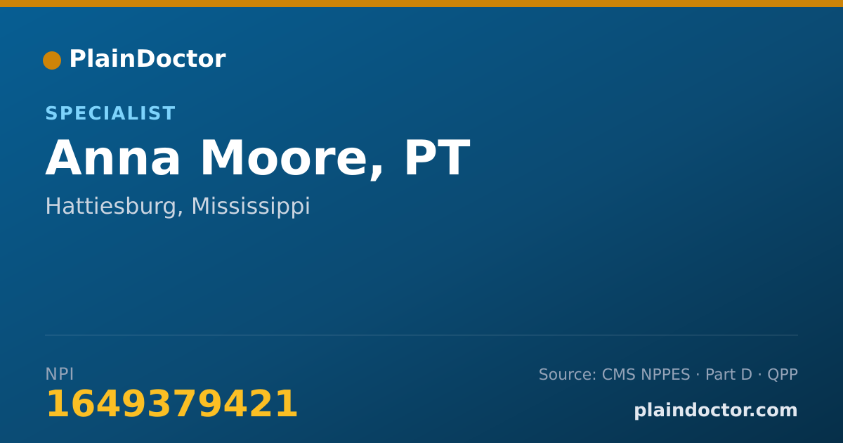 Shareable card for Anna Moore, PT - Specialist, Hattiesburg, MS