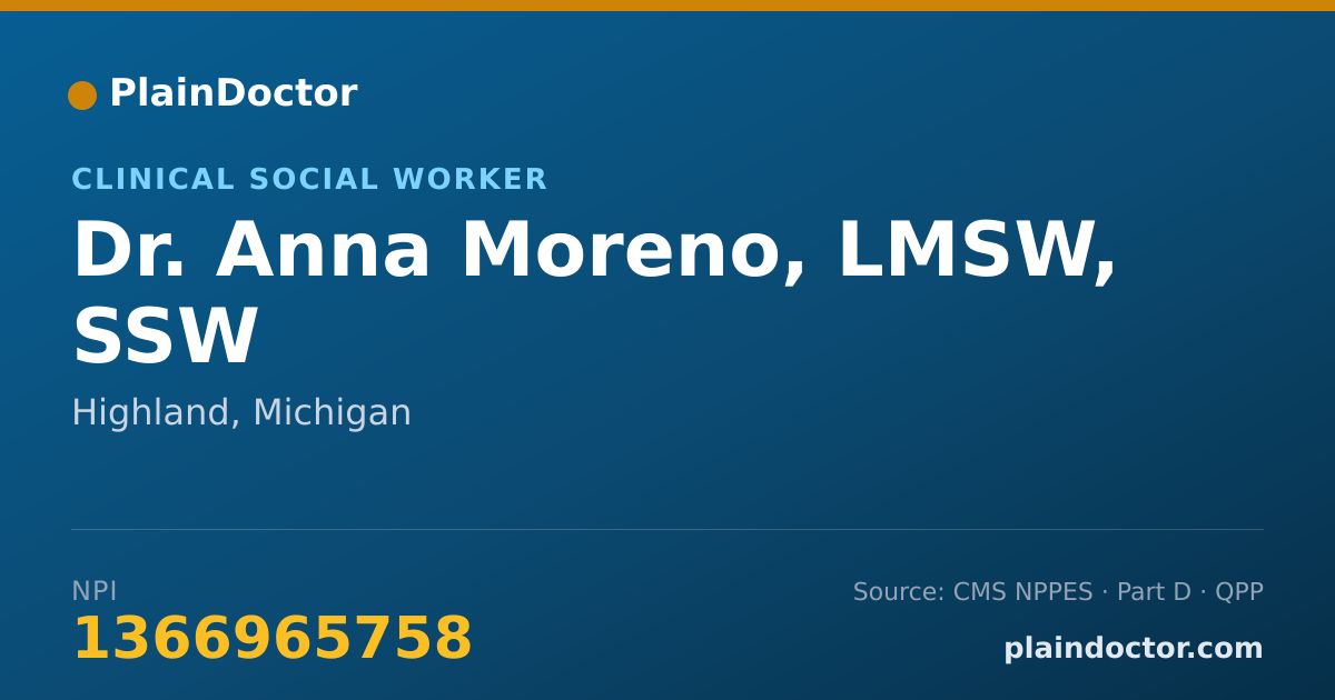 Shareable card for Anna Moreno, LMSW, SSW - Clinical Social Worker, Highland, MI