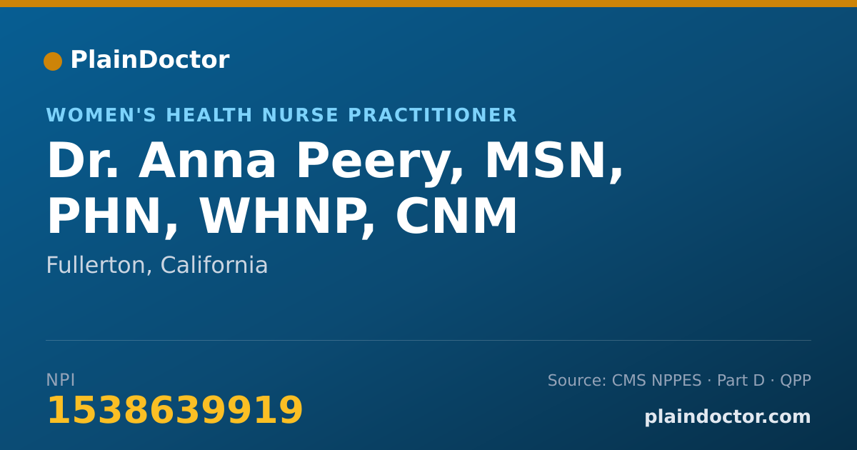 Shareable card for Anna Peery, MSN, PHN, WHNP, CNM - Women's Health Nurse Practitioner, Fullerton, CA