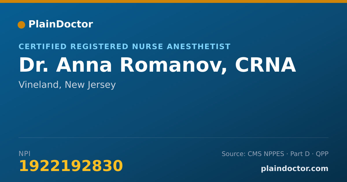 Shareable card for Anna Romanov, CRNA - Certified Registered Nurse Anesthetist, Vineland, NJ