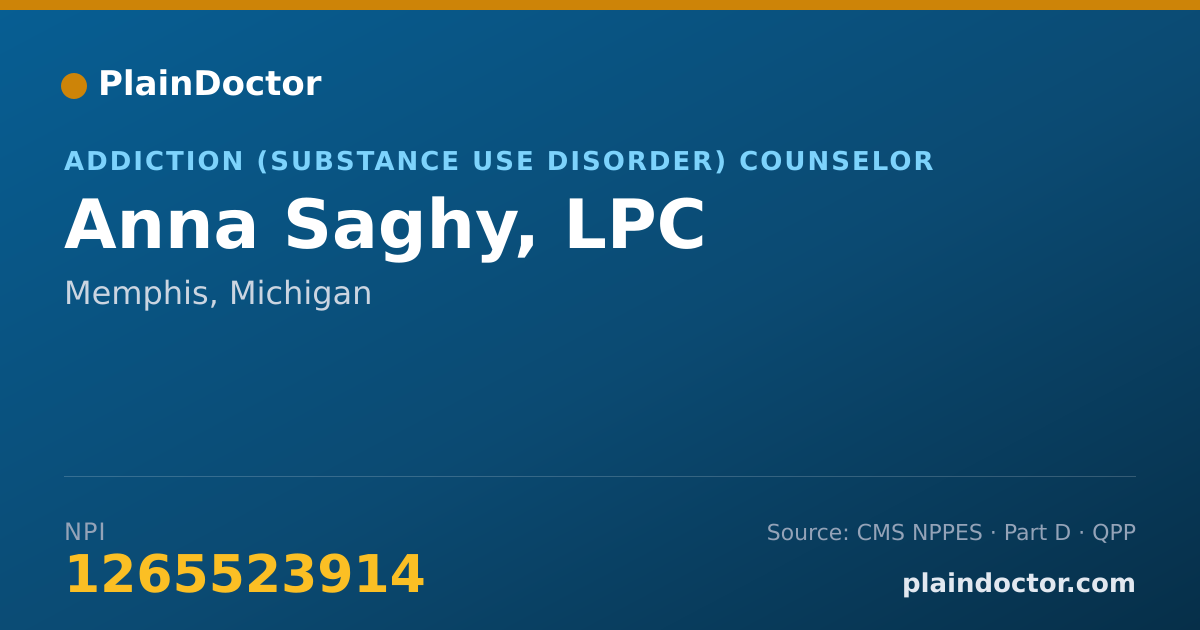 Shareable card for Anna Saghy, LPC - Addiction (Substance Use Disorder) Counselor, Memphis, MI