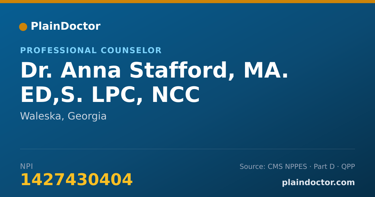 Shareable card for Anna Stafford, MA. ED,S. LPC, NCC - Professional Counselor, Waleska, GA