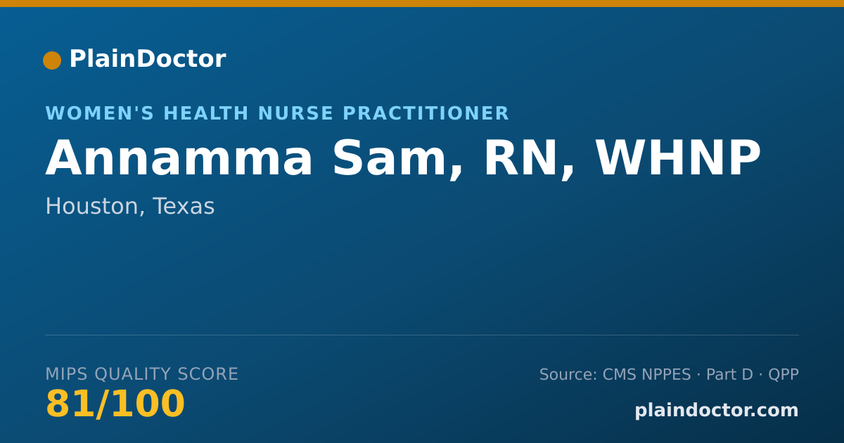 Shareable card for Annamma Sam, RN, WHNP - Women's Health Nurse Practitioner, Houston, TX