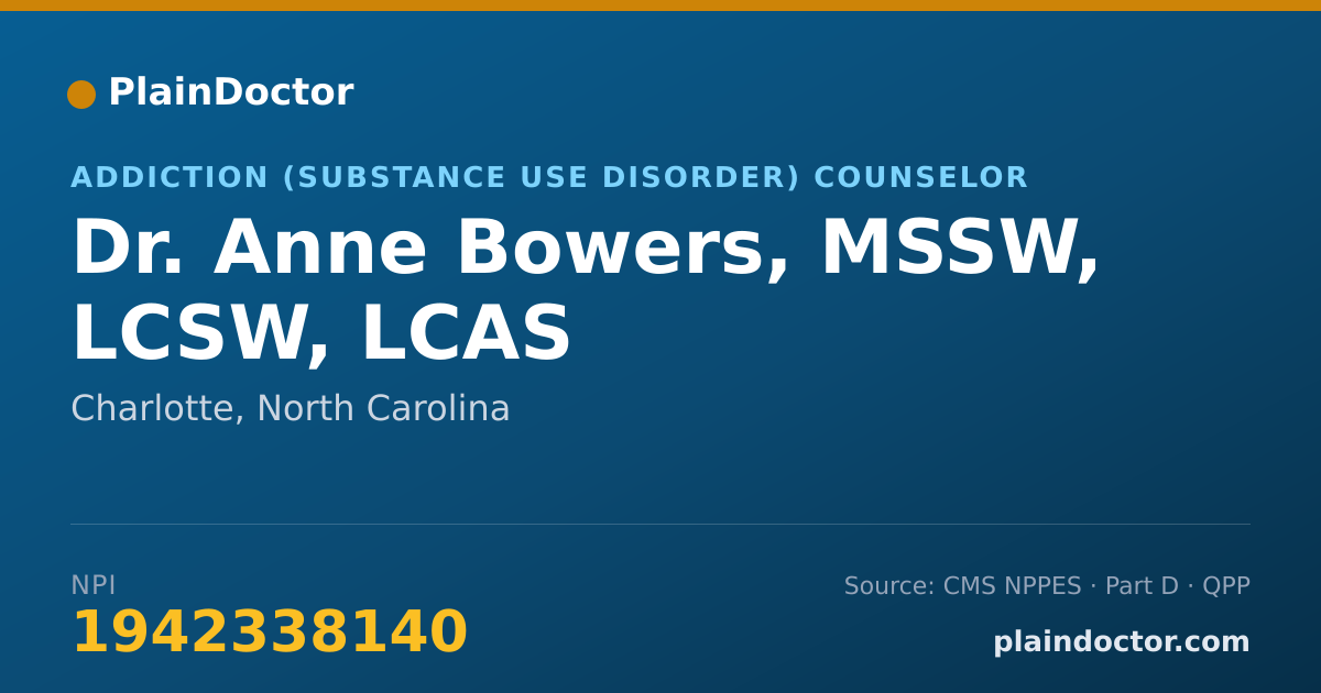 Shareable card for Anne Bowers, MSSW, LCSW, LCAS - Addiction (Substance Use Disorder) Counselor, Charlotte, NC