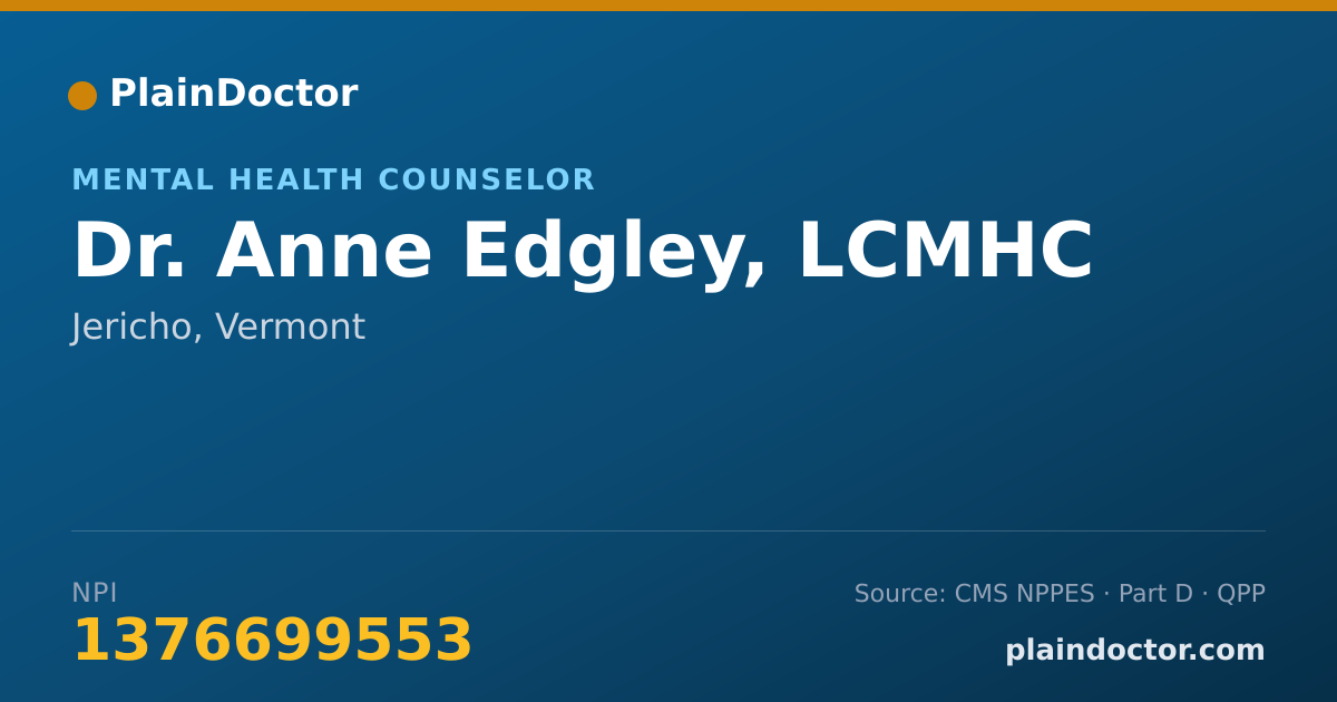 Shareable card for Anne Edgley, LCMHC - Mental Health Counselor, Jericho, VT