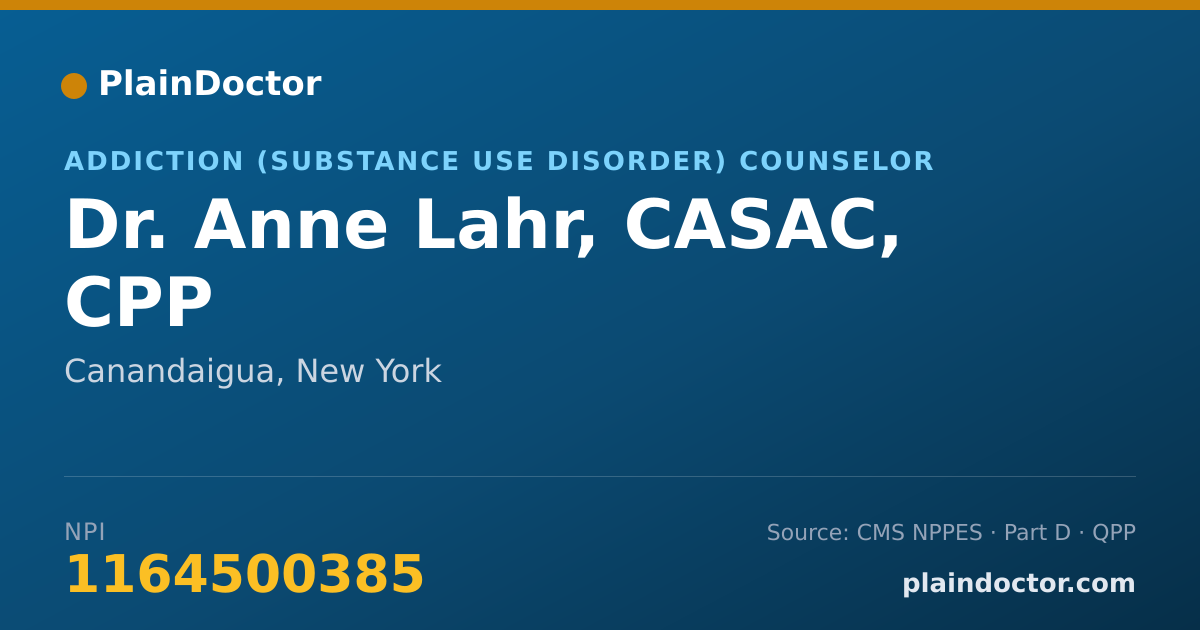 Shareable card for Anne Lahr, CASAC, CPP - Addiction (Substance Use Disorder) Counselor, Canandaigua, NY