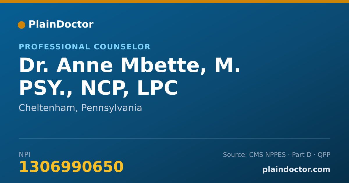 Shareable card for Anne Mbette, M. PSY., NCP, LPC - Professional Counselor, Cheltenham, PA