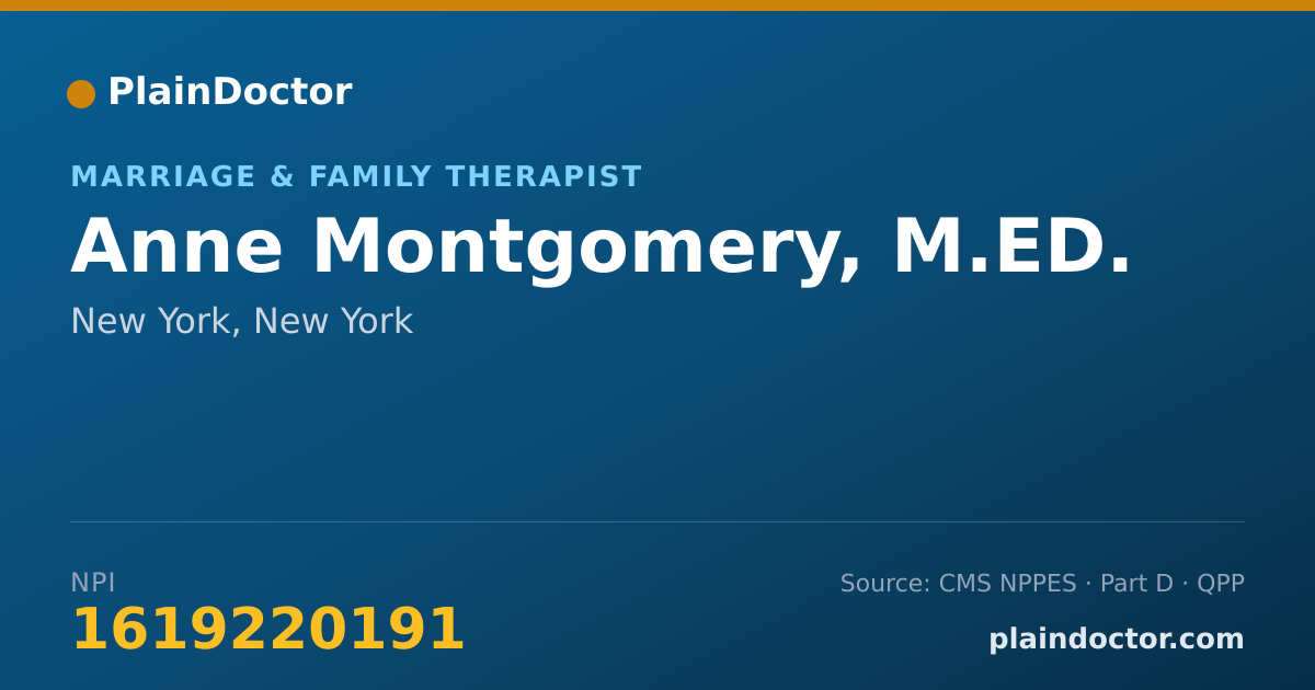 Shareable card for Anne Montgomery, M.ED. - Marriage & Family Therapist, New York, NY