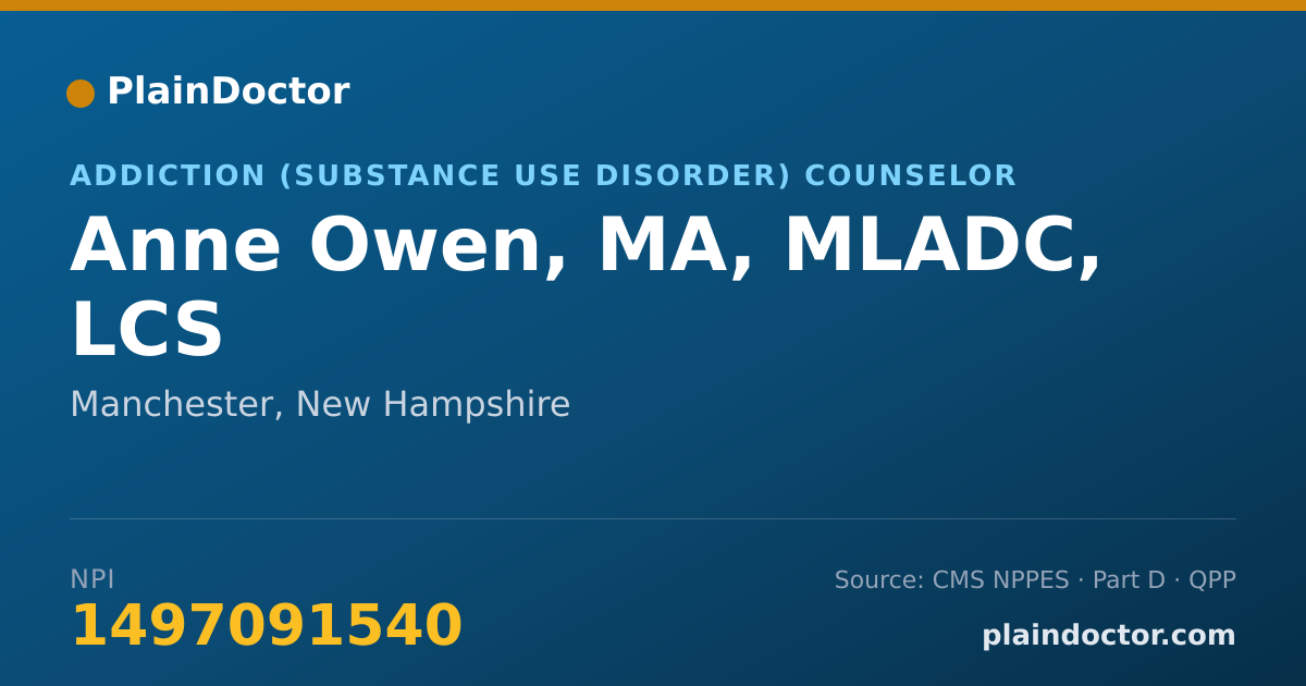 Shareable card for Anne Owen, MA, MLADC, LCS - Addiction (Substance Use Disorder) Counselor, Manchester, NH