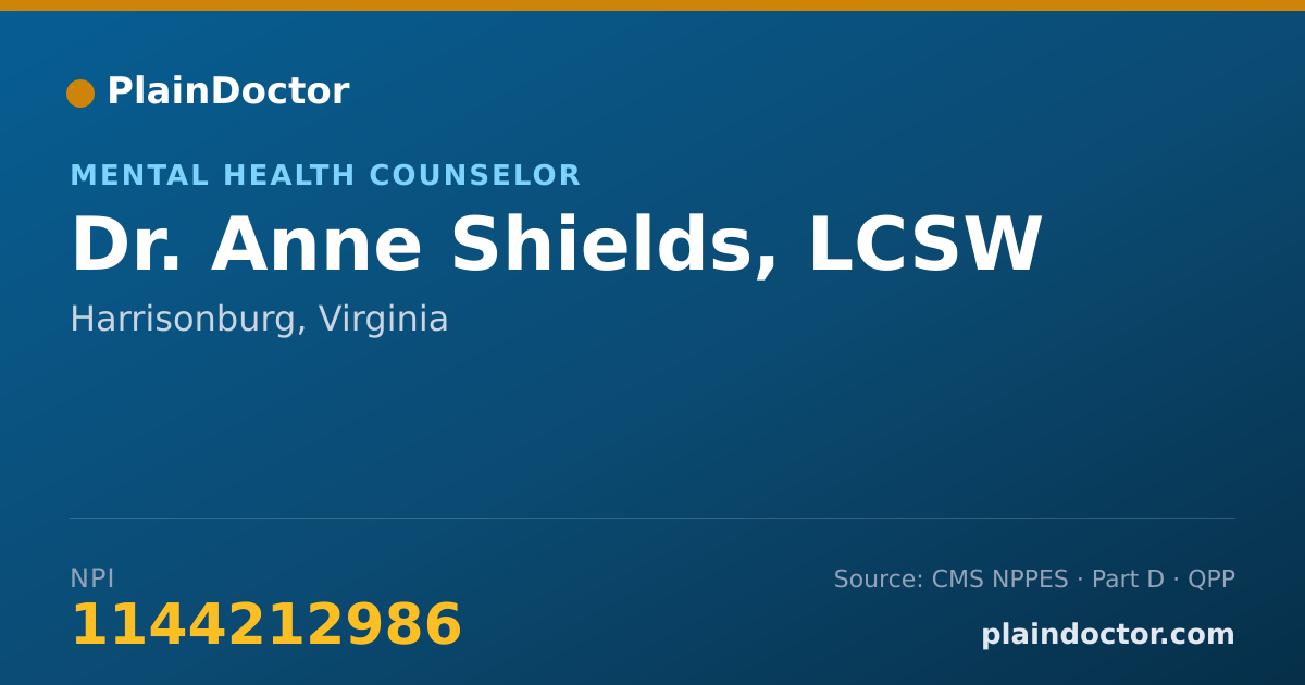 Shareable card for Anne Shields, LCSW - Mental Health Counselor, Harrisonburg, VA