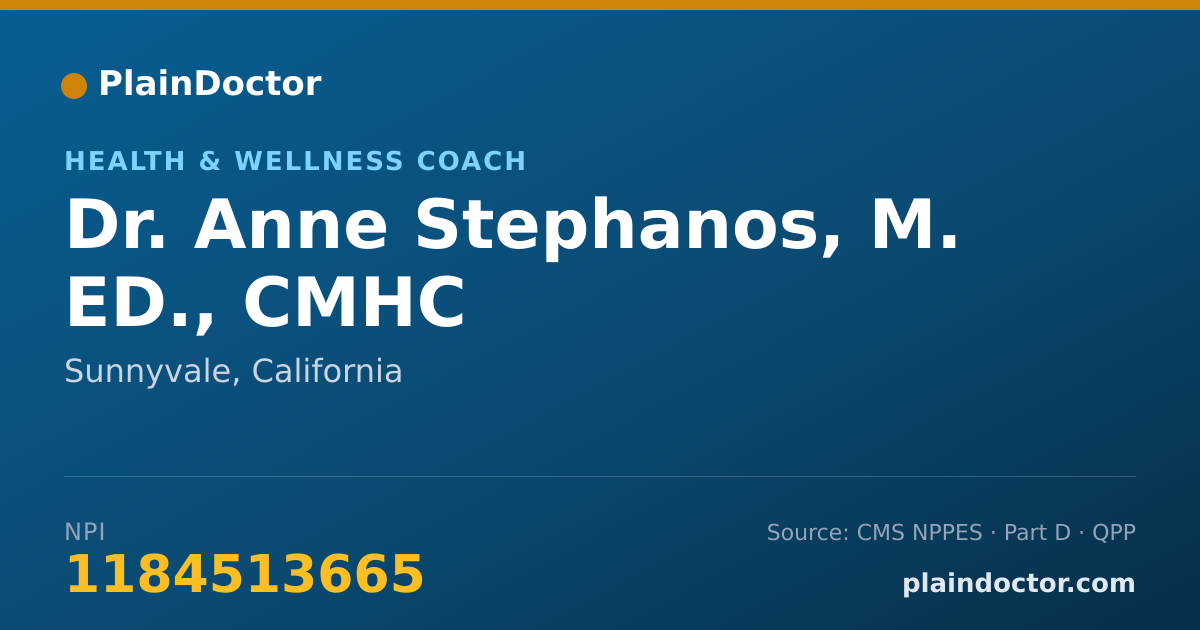 Shareable card for Anne Stephanos, M. ED., CMHC - Health & Wellness Coach, Sunnyvale, CA