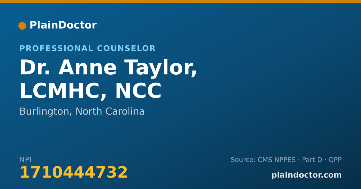 Shareable card for Anne Taylor, LCMHC, NCC - Professional Counselor, Burlington, NC