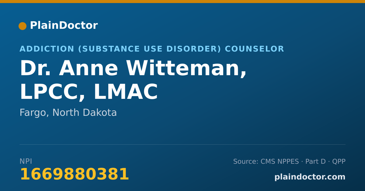 Shareable card for Anne Witteman, LPCC, LMAC - Addiction (Substance Use Disorder) Counselor, Fargo, ND