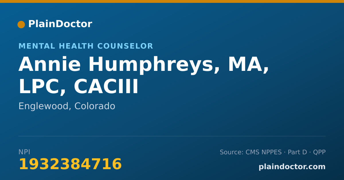 Shareable card for Annie Humphreys, MA, LPC, CACIII - Mental Health Counselor, Englewood, CO