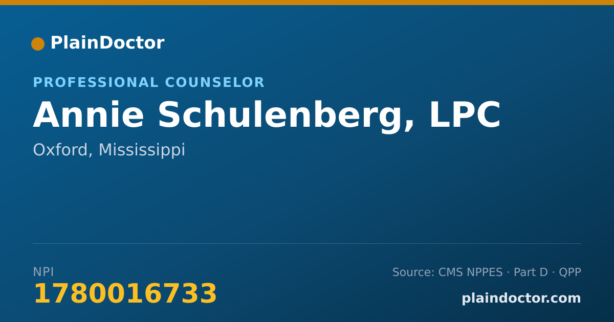 Shareable card for Annie Schulenberg, LPC - Mental Health Counselor, Oxford, MS