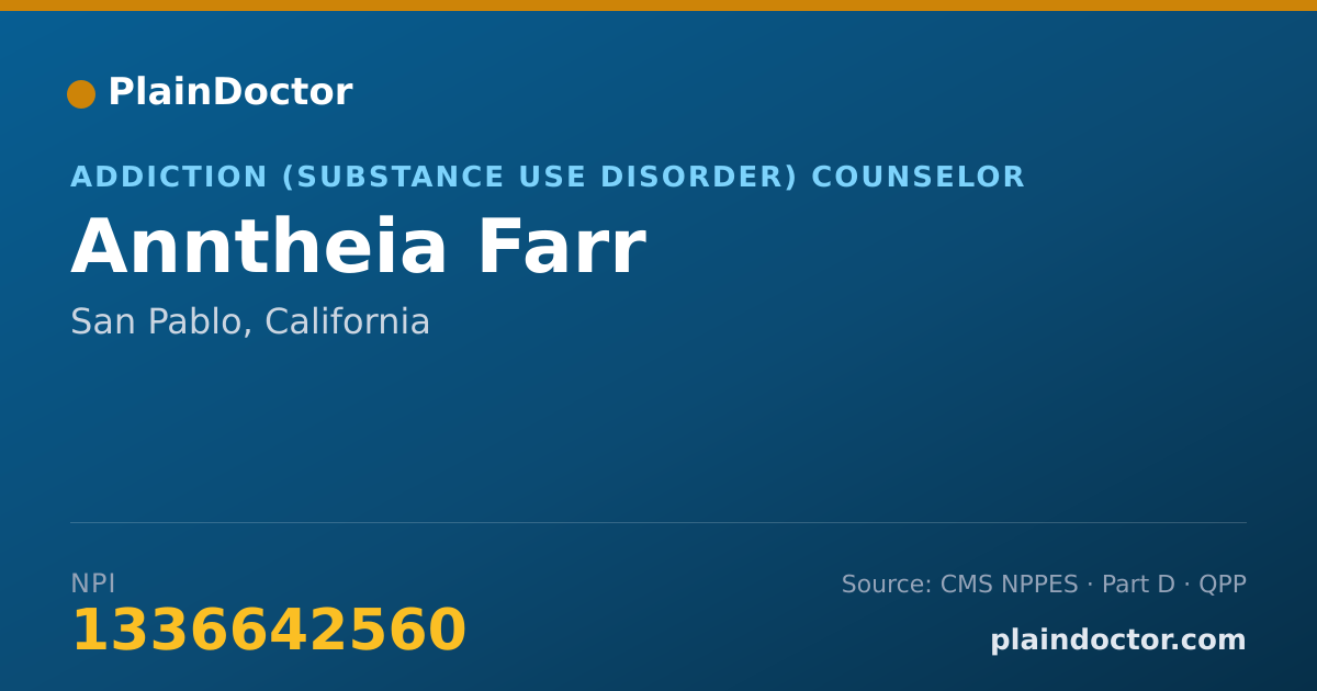 Shareable card for Anntheia Farr - Addiction (Substance Use Disorder) Counselor, San Pablo, CA