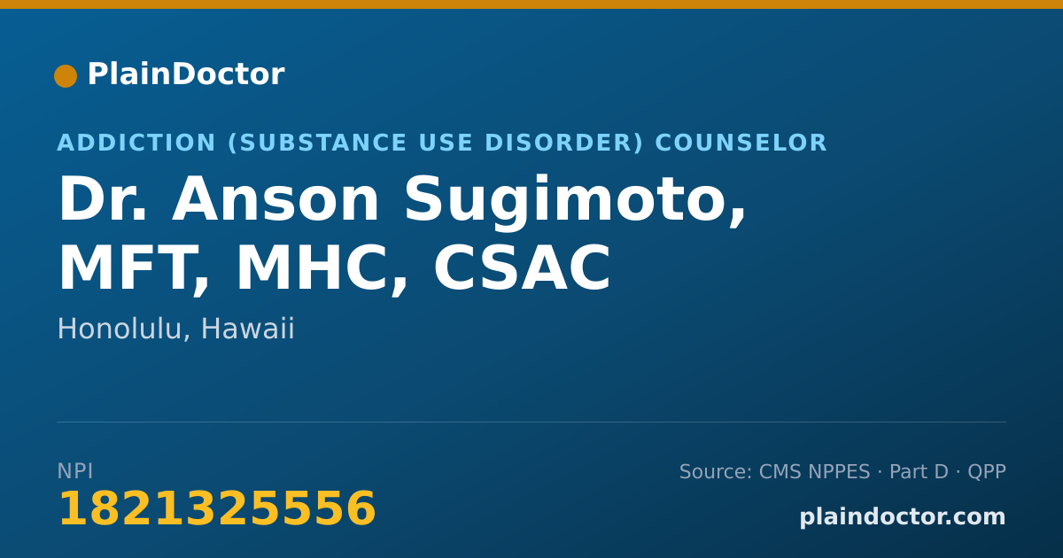 Shareable card for Anson Sugimoto, MFT, MHC, CSAC - Addiction (Substance Use Disorder) Counselor, Honolulu, HI