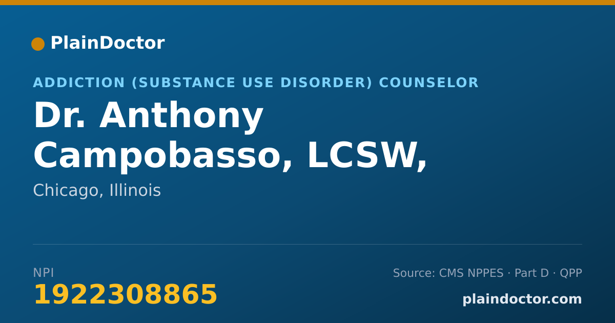 Shareable card for Anthony Campobasso, LCSW, CADC, CIP - Addiction (Substance Use Disorder) Counselor, Chicago, IL
