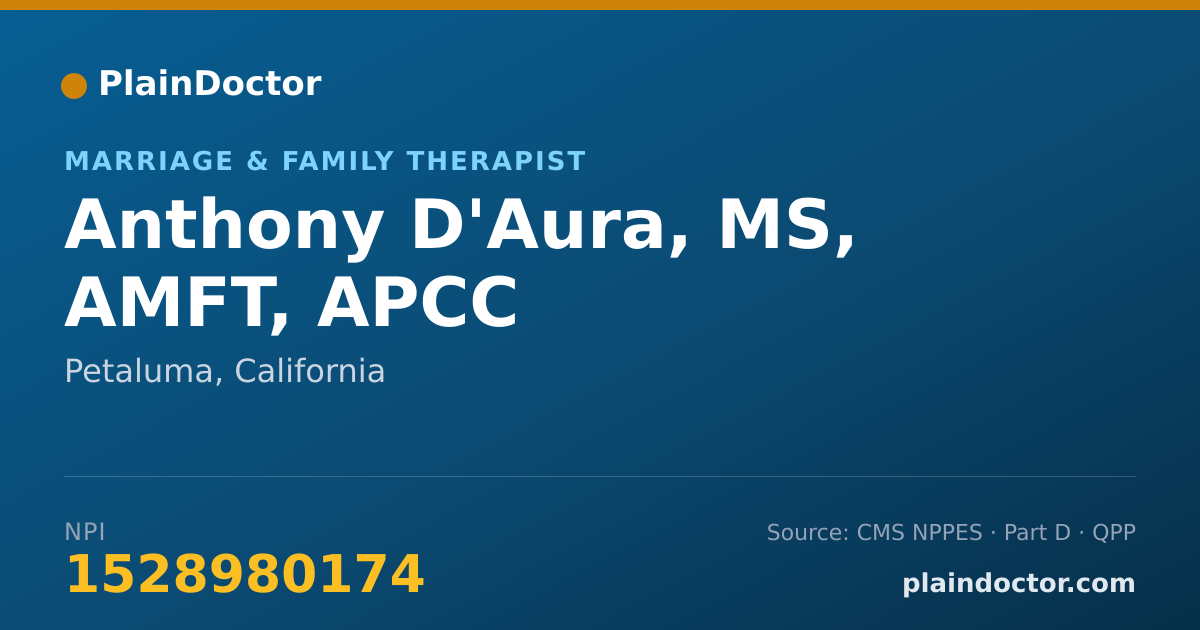 Shareable card for Anthony D'Aura, MS, AMFT, APCC - Marriage & Family Therapist, Petaluma, CA