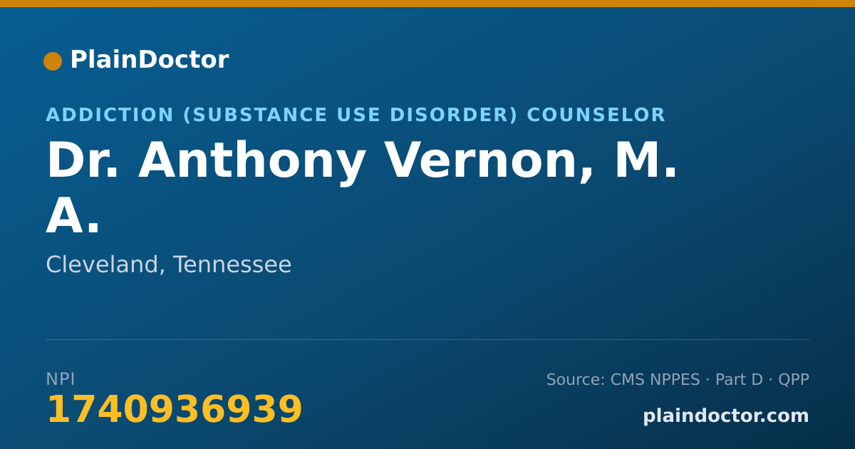 Shareable card for Anthony Vernon, M. A. - Addiction (Substance Use Disorder) Counselor, Cleveland, TN