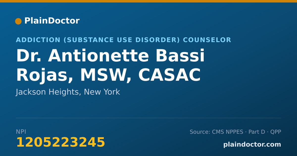 Shareable card for Antionette Bassi Rojas, MSW, CASAC - Addiction (Substance Use Disorder) Counselor, Jackson Heights, NY