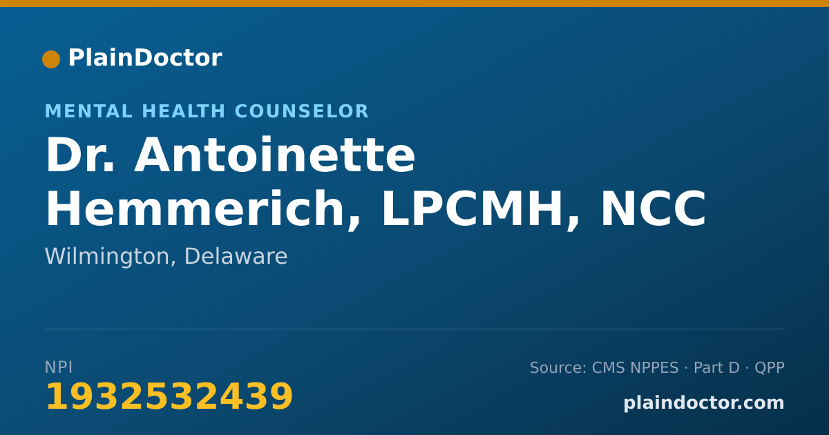 Shareable card for Antoinette Hemmerich, LPCMH, NCC - Mental Health Counselor, Wilmington, DE