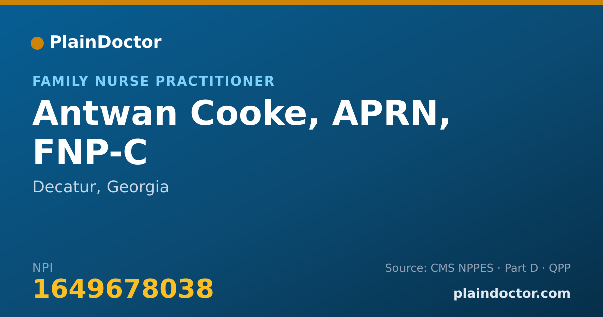 Shareable card for Antwan Cooke, APRN, FNP-C - Family Nurse Practitioner, Decatur, GA