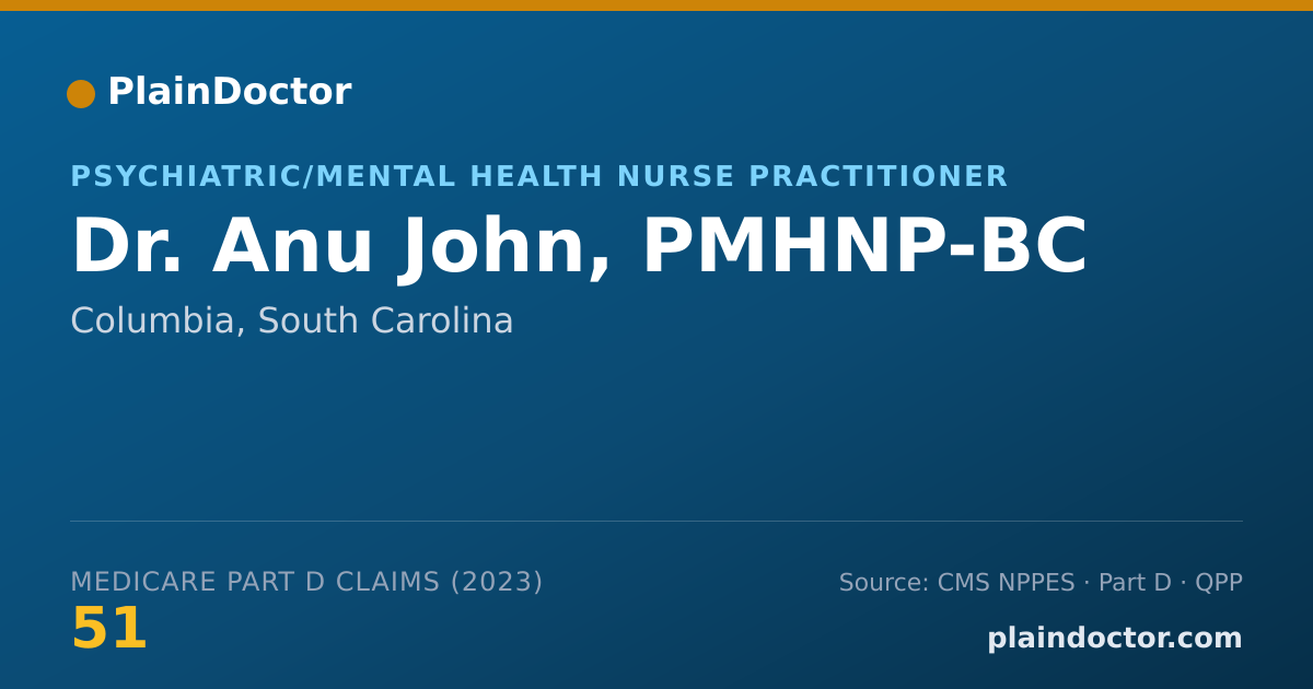 Shareable card for Anu John, PMHNP-BC - Psychiatric/Mental Health Nurse Practitioner, Columbia, SC