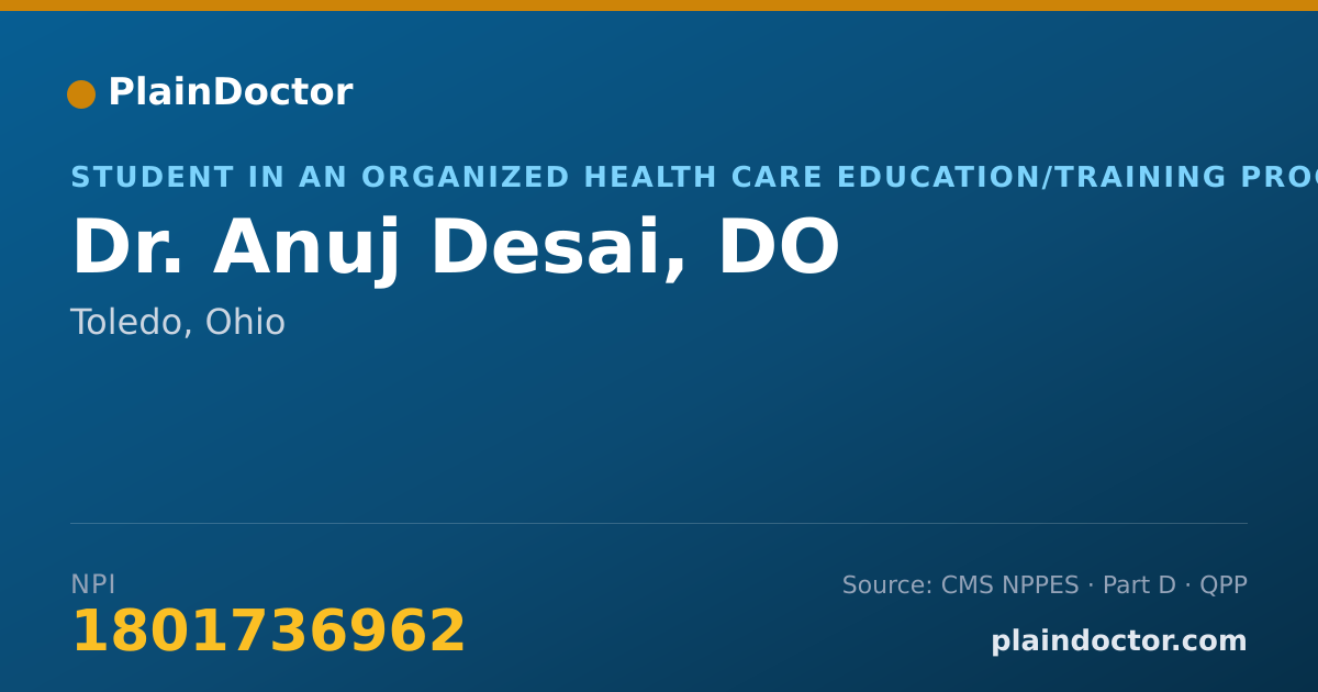 Shareable card for Anuj Desai, DO - Student in an Organized Health Care Education/Training Program, Toledo, OH