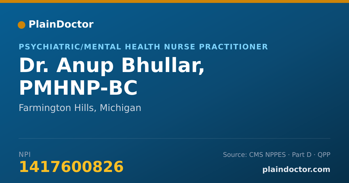 Shareable card for Anup Bhullar, PMHNP-BC - Psychiatric/Mental Health Nurse Practitioner, Farmington Hills, MI