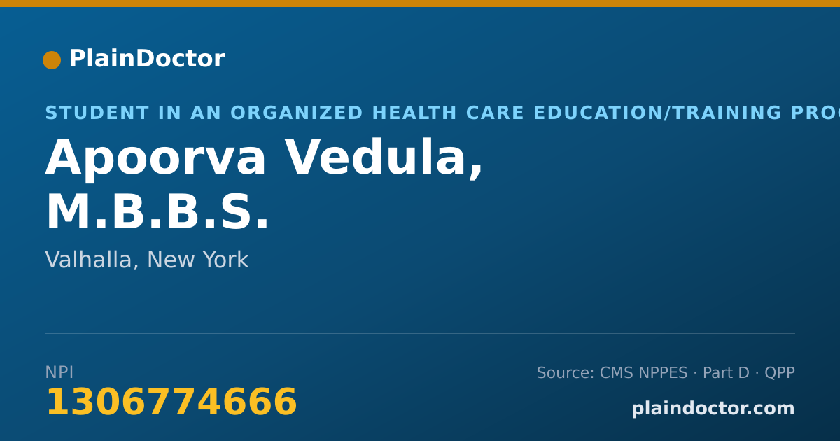 Shareable card for Apoorva Vedula, M.B.B.S. - Student in an Organized Health Care Education/Training Program, Valhalla, NY