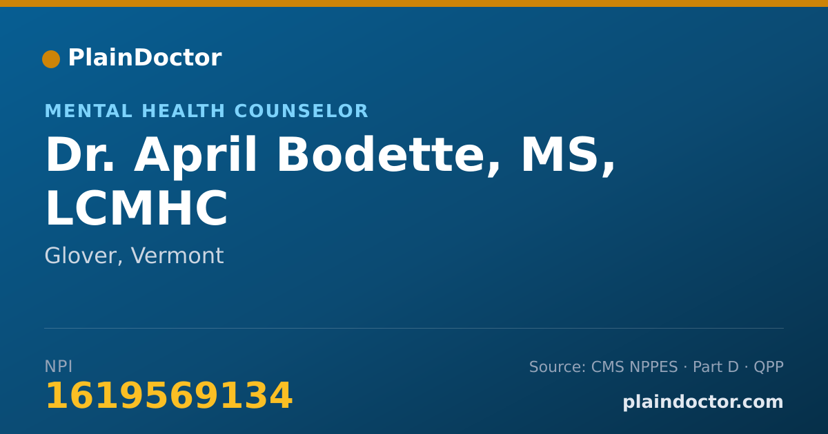 Shareable card for April Bodette, MS, LCMHC - Mental Health Counselor, Glover, VT