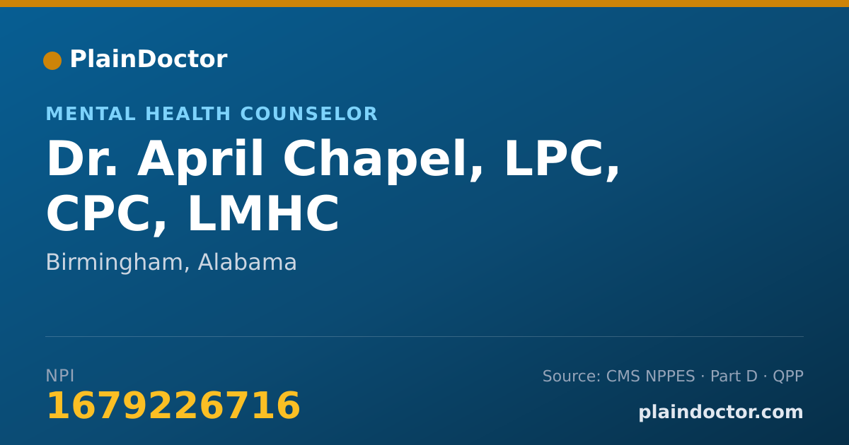 Shareable card for April Chapel, LPC, CPC, LMHC - Mental Health Counselor, Birmingham, AL