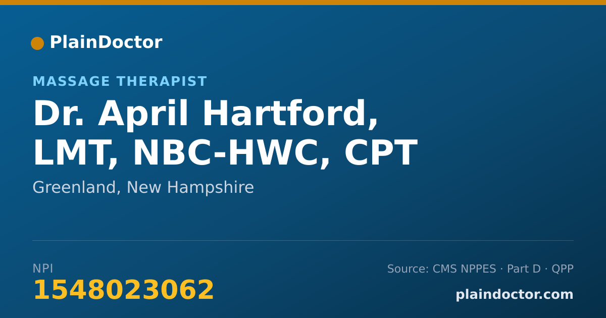 Shareable card for April Hartford, LMT, NBC-HWC, CPT - Massage Therapist, Greenland, NH
